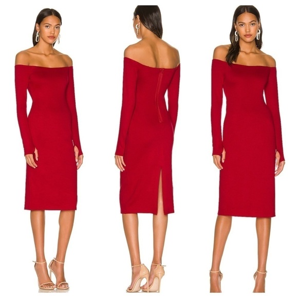 Alice + Olivia Dorinda Off-Shoulder Fitted Midi Dress